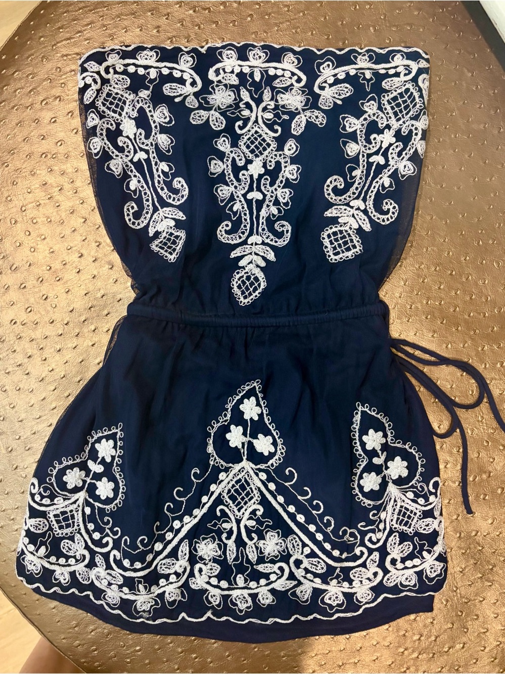Arden B Navy Strapless Embroidered Top with White Floral Detail